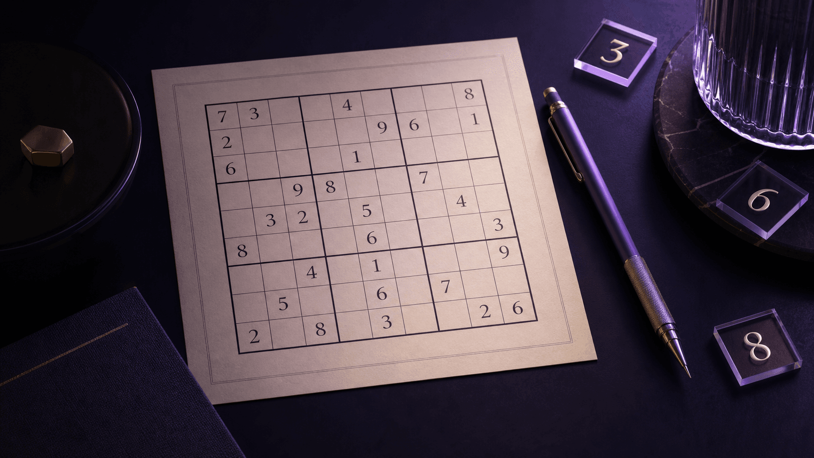 A premium Sudoku puzzle with violet pencil and number tiles